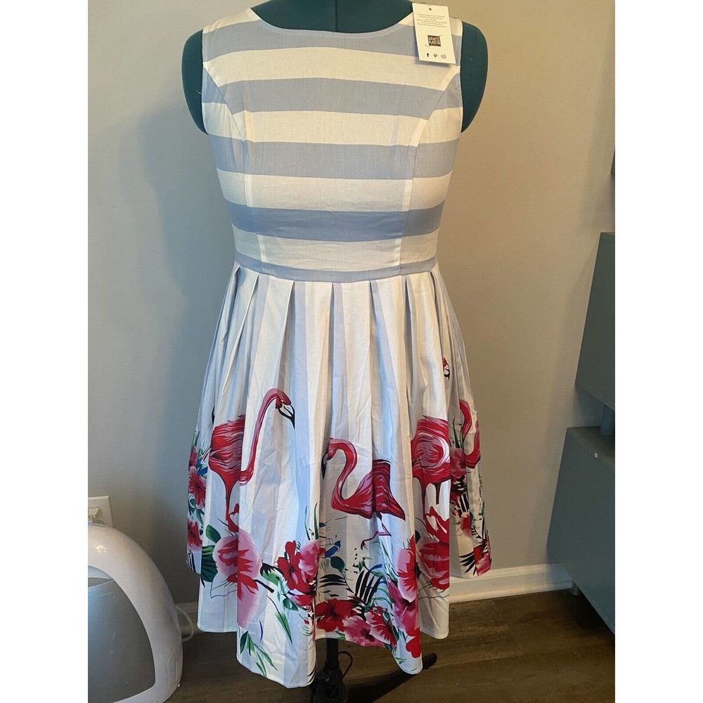 Sleeveless Pink Flamingo Blue White Stripe Fit Flair Retro Style Dress NWT Med